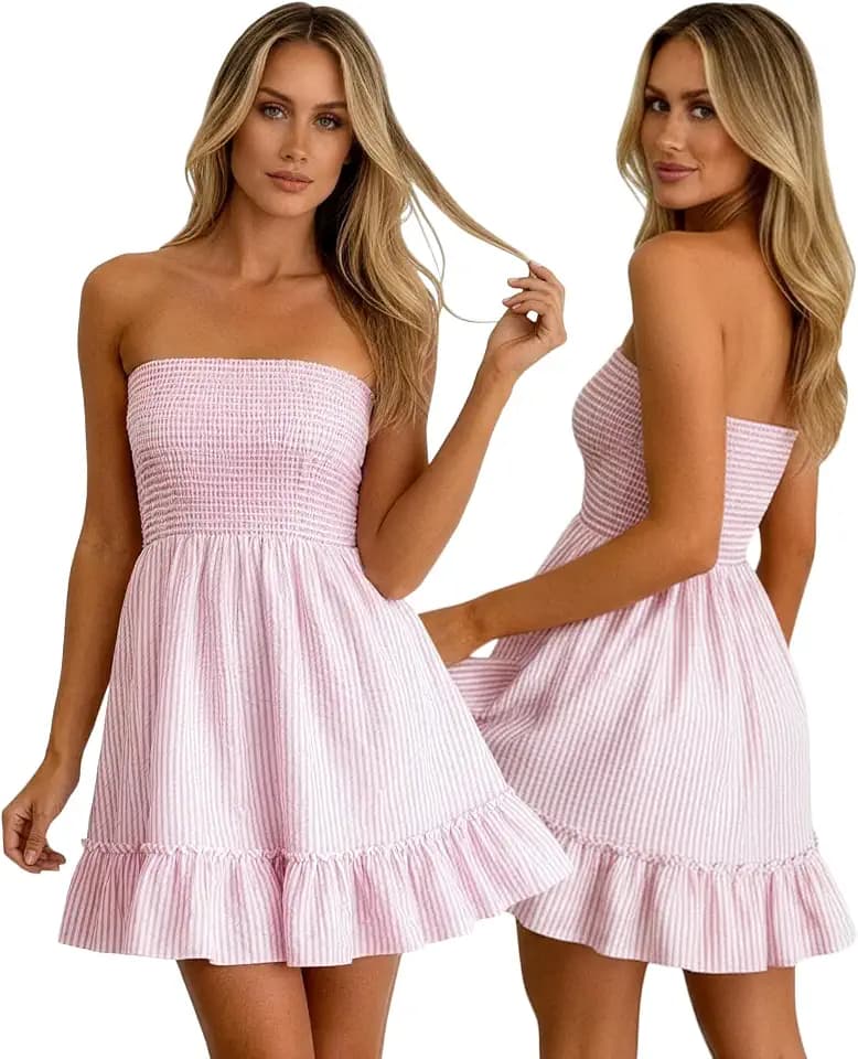 EG CHRIS G 2026 Women's Striped Ruffle Strapless Mini Dress, Casual Summer Beach Vacation Sundress