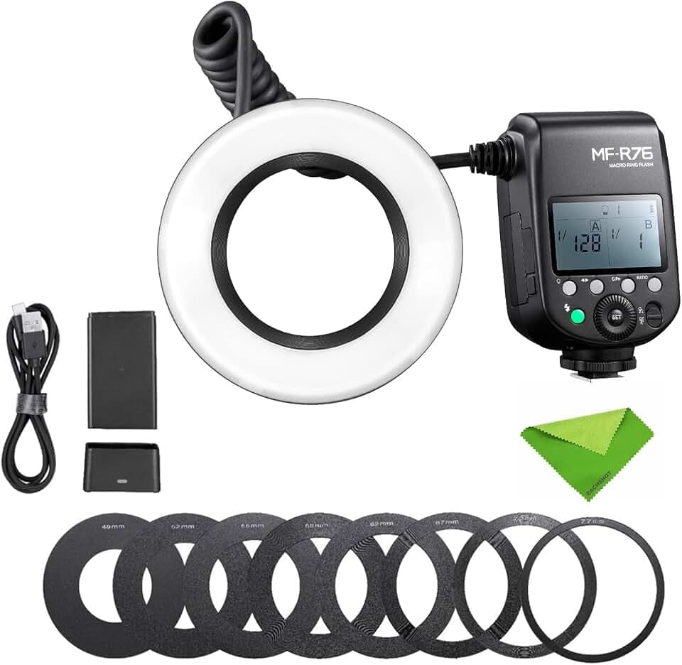 GODOX MF-R76 Makro-LED-Ringblitz Speedlite 76 Ws 660 Blitze mit voller Leistung Dual-Blitzröhren Leistungsanpassung 1/128 bis 1/1 10 Stufen des Leistungsverhältnisses für Canon Sony Fuji Olympus