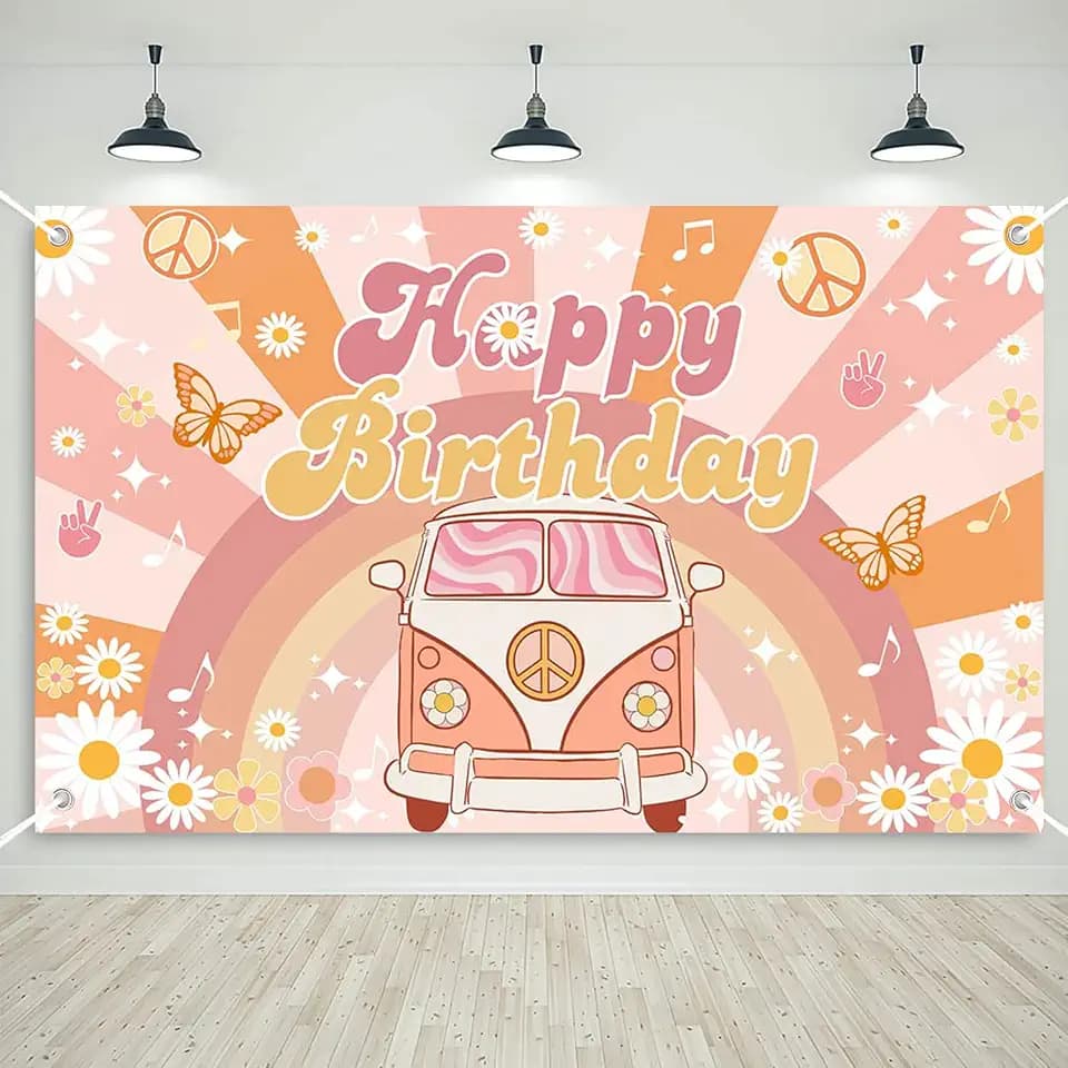 Mocsicka Groovy Birthday Banner Retro Hippie (Yellow, 70.8 x 43.3 Inch)