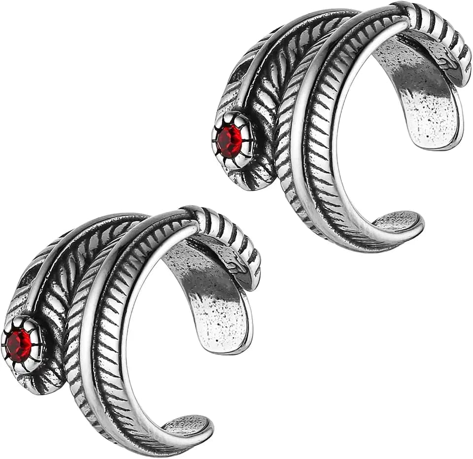 HZMAN Stainless Steel Feather Shaped Ear Cuff Earrings for Men Women Red CZ No Piercing Retro Lightweight Clip On Cartilage Earring Jewelry Gift