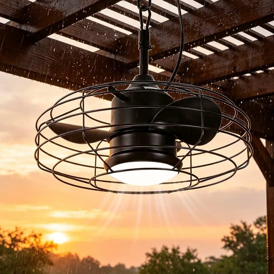 20" Outdoor Caged Ceiling Fan with Light & Remote, Black