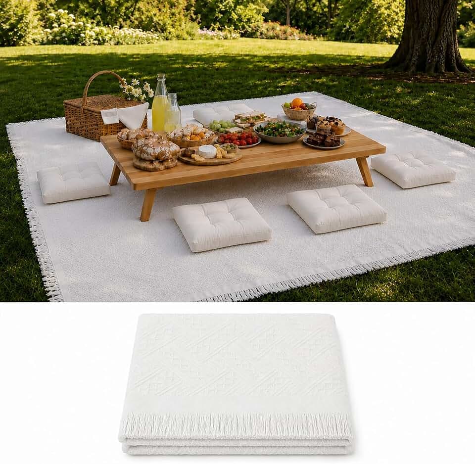 102x71in Extra Large White Picnic Blanket, Beach Boho Picnic Blanket with Fringe Soft Cotton Outdoor Blanket, Sand Proof, Machine Washable, Portable for Camping, Park, Lawn, Beach