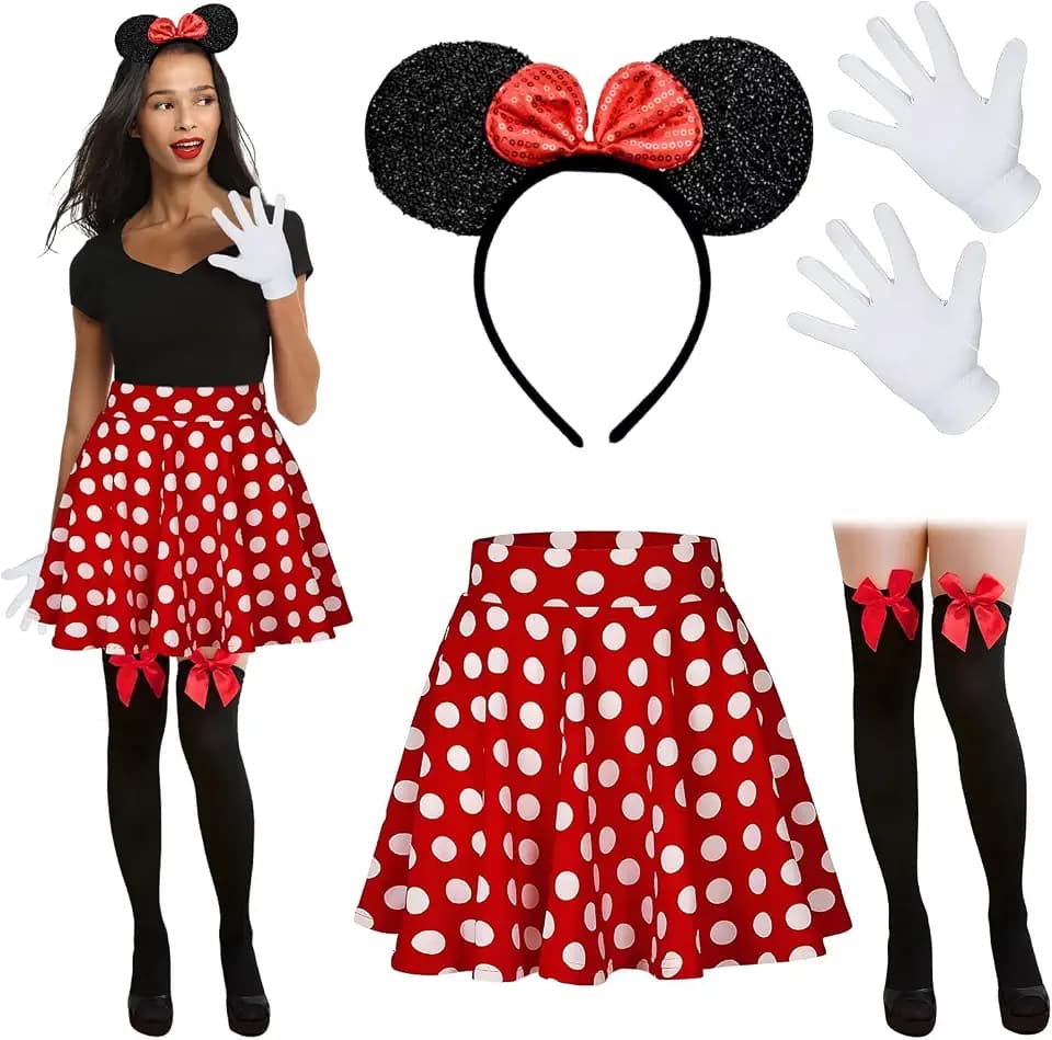 Mouse Faschingskostüme Damen Mit Weiß Gepunktet Pailletten Haarreifen+Faltenrock+Overknee Strümpfe+Handschuhe Für Kostümparty, Fasching, Karneval Party