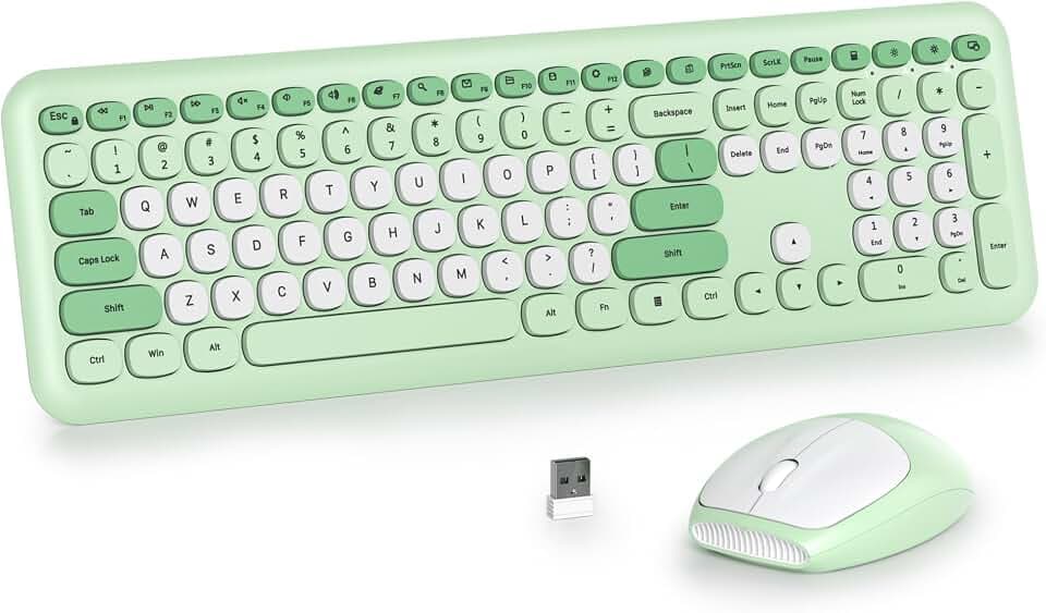 SOLIDEE Buntes kabellose Tastatur und Maus-Kombination,2.4GHz Retro Schreibmaschine,104 Tasten in voller mit Ziffernblock,Leise membran Tastatur(Amerikanisch QWERTY)(Pro Green)