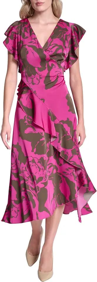 DKNY Women's Ruffle Cap Sleeve Surplice Neck Fit and Flare Midi Dress