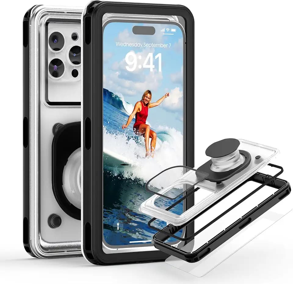 APRUT Waterproof Phone Pouch Case 7.5", 2025 Upgraded IPX8 Waterproof Phone Case for Snorkeling, Universal Fit for iPhone 16 Pro Max 15 14 13, Galaxy S25, Beach Vacation Essentials (Black)