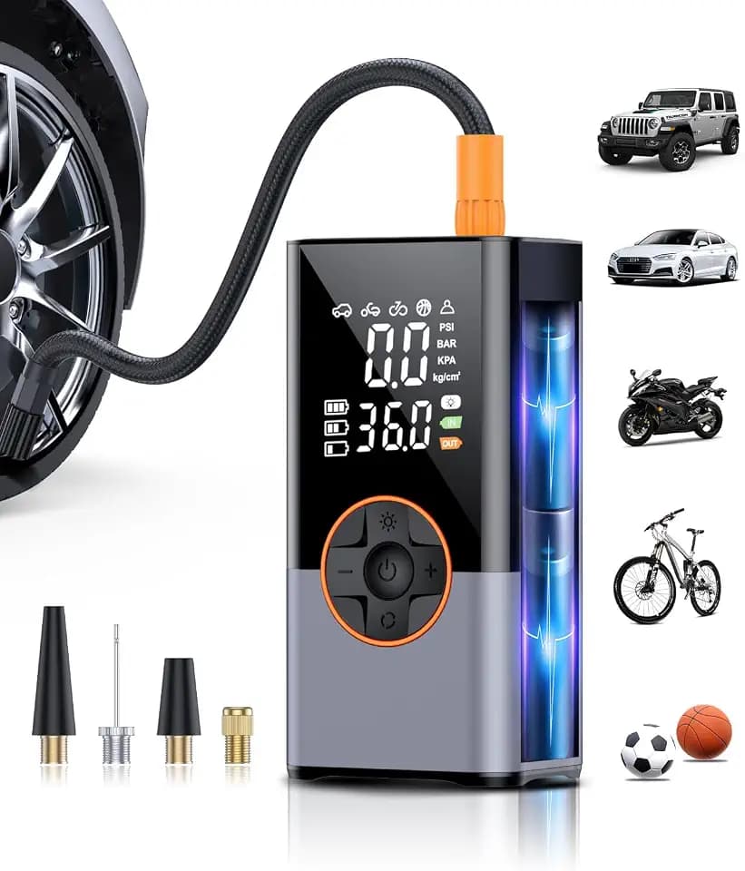 Tire Inflator Portable Air Compressor, Cordless Tire Pump with LED Super Bright Light for Car, Bicycle, Motorcycle
