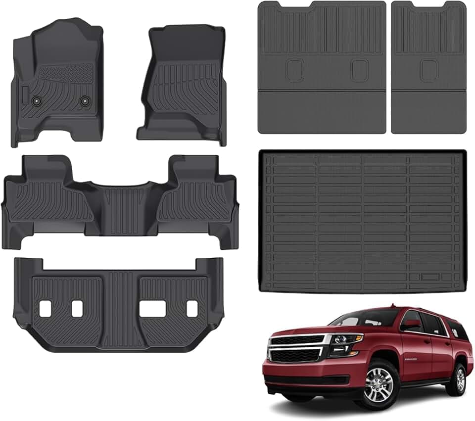 Floor Mats & Cargo Liner for 2015-2020 Chevy Suburban & GMC Yukon XL (Only 8 Seats) (with 2nd Row Bench Seat) All Weather TPE Floor Liners Set with Backrest Mat Anti-Slip Waterproof Accessories