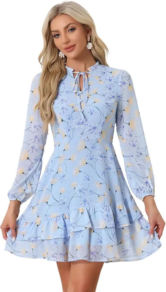 Allegra K Women Spring Dresses Layered Tiered Chiffon Mini Floral Dress