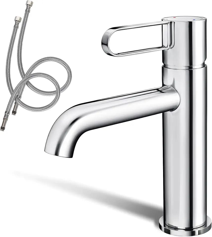 ALPHA HOME Mischbatterie Bad Wasserhahn Badarmatur Waschtischarmatur mit Wassersparfunktion, Einhebelmischer mit 60cm Anschlussschlauch für Gäste WC Bad, Chrom
