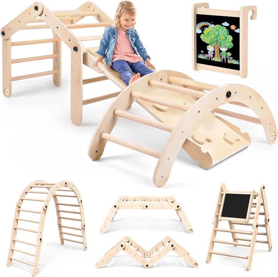 Norbee 7-in-1 Deformable Pikler Triangle Set with Sliding Ramp & Climbing Arch Ramp, Wooden Toddler Climbing Toys Indoor, Playground Jungle Gym for Kids, Montessori Climbing Set for Toddlers