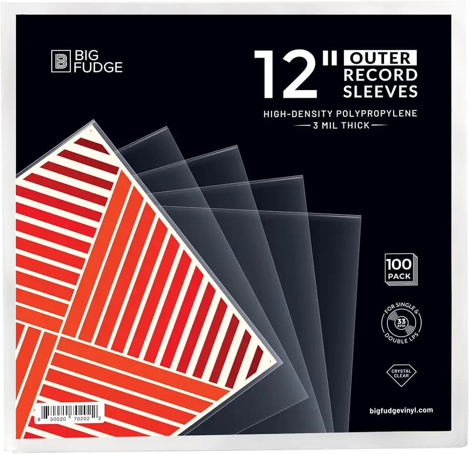 Big Fudge 12" Vinyl Record Sleeves - Outer Sleeves 100 Pack - Crystal Clear High-Density Polypropylene Vinyl Covers - Accessories Protect LP Albums from Dust, Dirt & Scratches