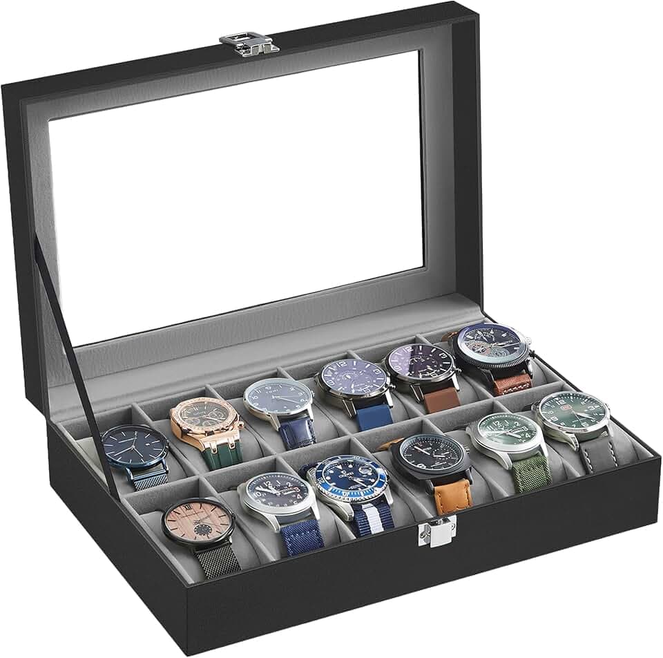 SONGMICS Uhrenbox mit 12 Fächern, Glasdeckel, PU-Bezug