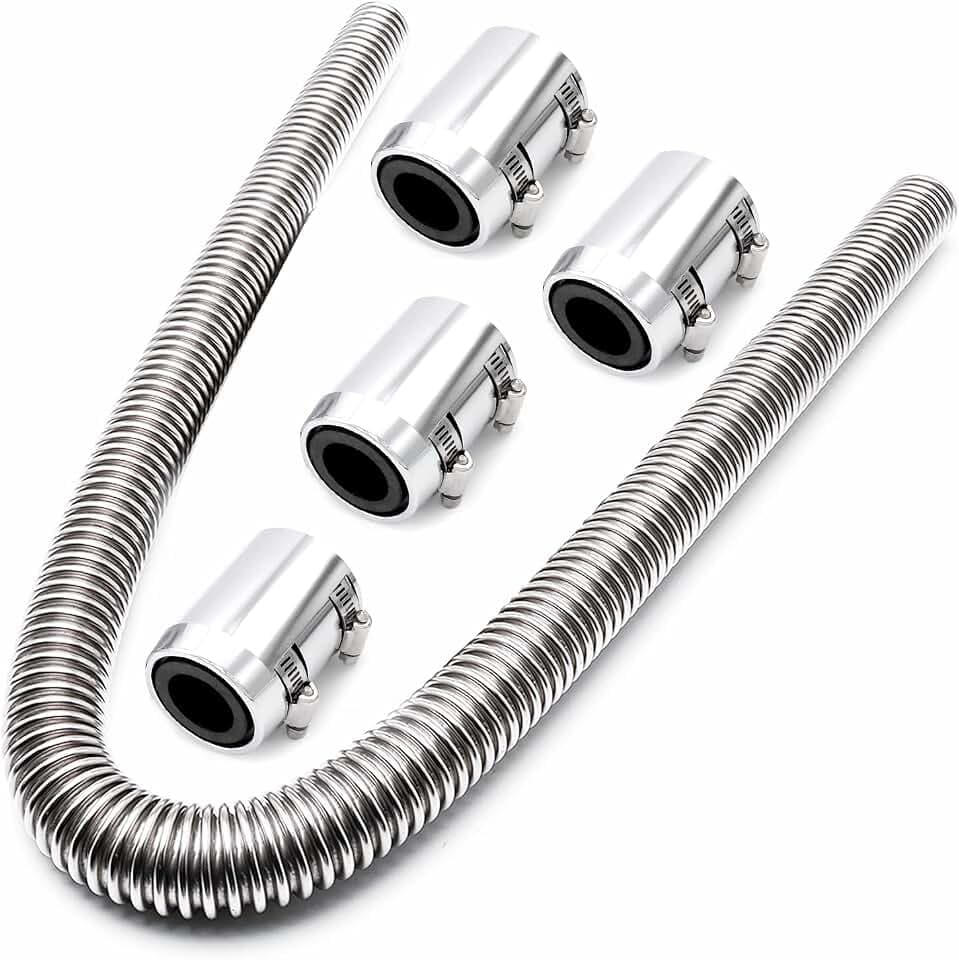 Stainless Steel 48" Radiator Hose Flexible Coolant Water Hose Universal with 4 Chrome Caps for 1-1/4“, 1-1/2”, 1-5/8“ OD Necks (Silver)