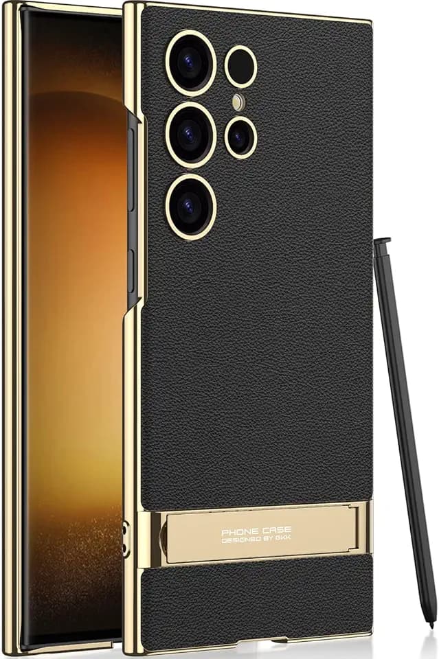 for Samsung Galaxy S23 Ultra Vegan Leather Case with 4 Modes Adjustable Kickstand,Thin Flexible Soft Grip Luxury Vegan Slim Protective Shockproof Phone for Samsung Galaxy S23 Ultra (Black)