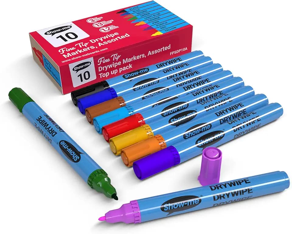 SHOW-ME Box 10 Fine Tip Slim Barrel Dry Erase Markers - Assorted Colours (FPSDP10A)
