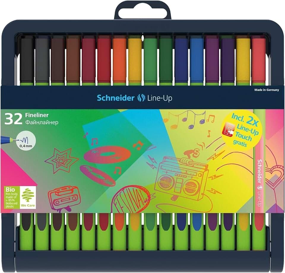 Schneider Line-Up Fineliner (Strichstärke 0,4 mm, aus biobasiertem Kunststoff, ausgezeichnet mit Der blaue Engel) 32 Stück, sortiert
