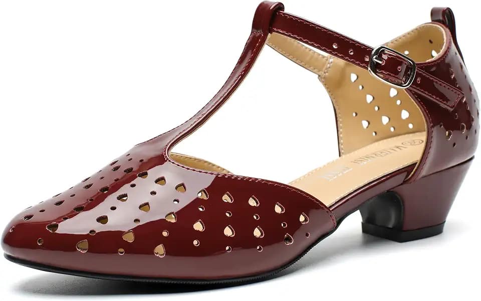MAIERNISI JESSI Women's T-Strap Mary Jane Pumps, Low Block Heel, Closed Toe, Buckle Ankle Strap