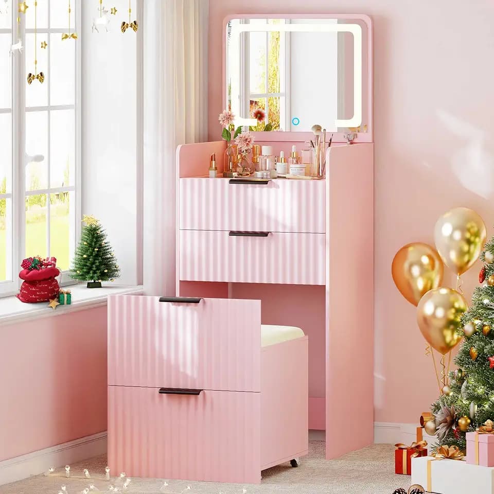 Gurexl 3 in 1 Wellen Schminktisch mit Stühle und LED Klappspiegel,Rosa