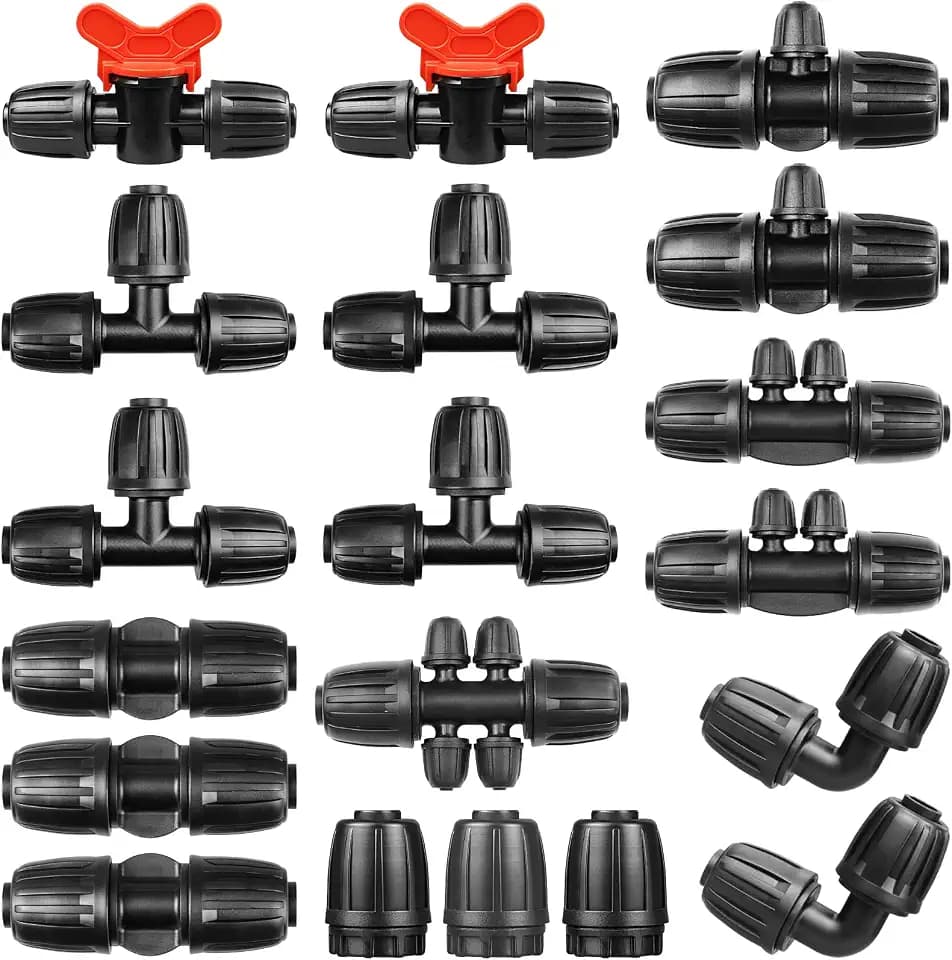 Gardrip Drip Irrigation Fittings Kit for 1/2 Inch Tubing：1/2'' Drip Line Anti-drop Barbed Locked Nut Connectors 19 Pieces Set Include 3 Couplings 4 Tees 2 Elbows 2 Valves 5 Reducing Tee 3 Plugs