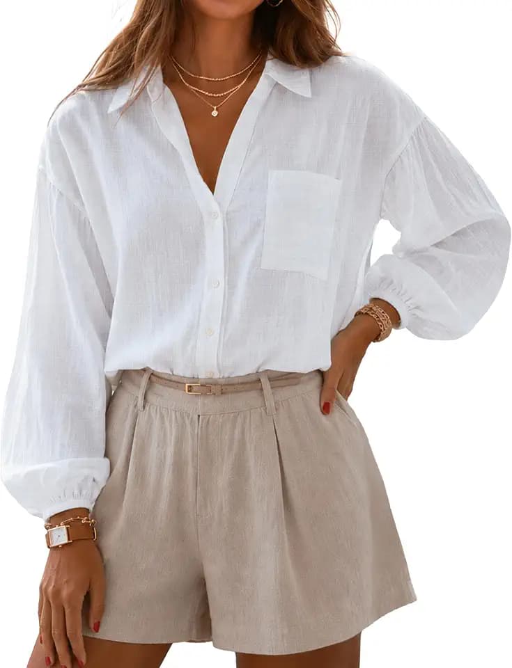 Womens Linen Button Down Shirts Loose Fit Blouses Summer Oversized Linen Shirts Casual Long Puff Sleeve Tops 2026