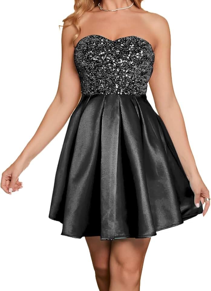 Angel-fashions Damen Schulterfreies Pailletten-A-Linienkleid Elegantes kurzes Ballkleid Cocktailkleid