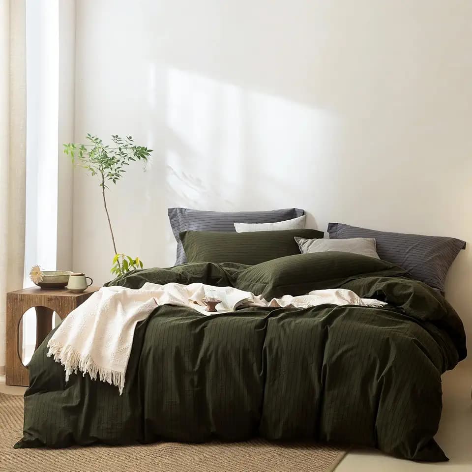 BDEAR 3 Pieces Pinstripe Duvet Cover King Size 104''W x 90'' L, 100% Washed Cotton Olive Green and Black Striped Duvet Cover with Zipper Closure Plus 2 Pillowcases, Oeko TEX Standard Certificated