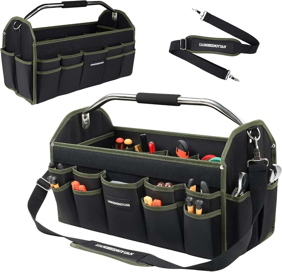 22In Electrician Tool Bag, Foldable Bags For Men Heavy Duty, Open Top Tool Tote, 30 Pockets Can Hold Many fittings, Organizer Stainless Steel Handle and Removable Shoulder Strap