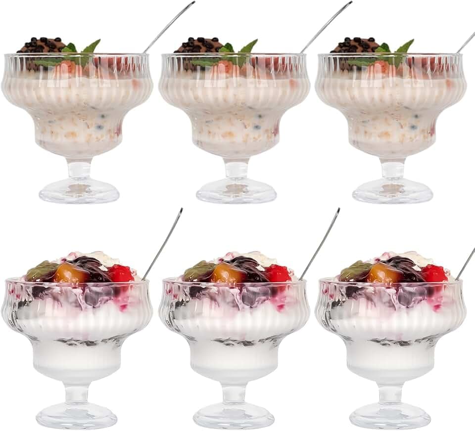 Dessertgläser mit Fuß 6er mit 6 Löffeln 300ml Eisbecher Glas Dessertschalen