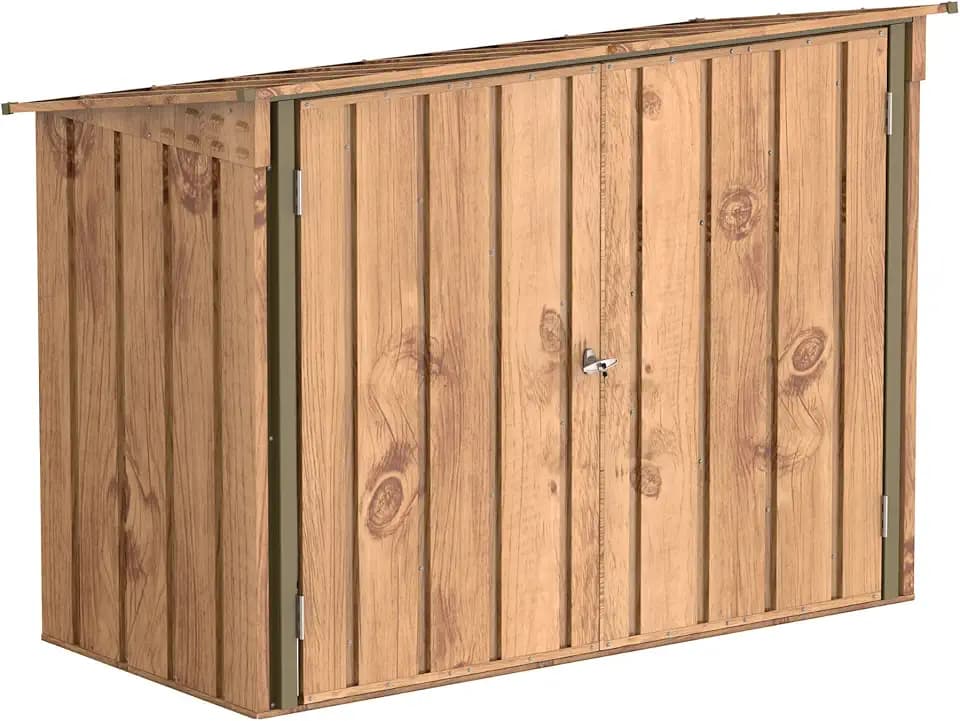 Duramax Fahrradschuppen für 2, Fahrradgarage mit komplett breiten, abschließbaren Doppeltüren, Lagerschuppen aus Metall, Gartenschuppen für Fahrräder, Fahrradaufbewahrung, fahrradbox, Holzmaserung