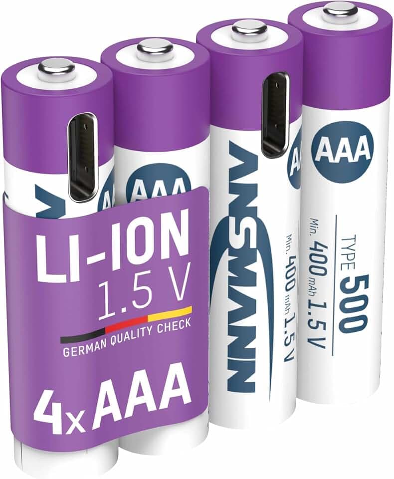 ANSMANN Akku Micro AAA Typ-C Anschluss Li-Ion 400mAh 1,5V, 4 Stück, wiederaufladbar, LED-Ladeanzeige, für Fernbedienung, Controller, Spielzeug, Funkgerät uvm