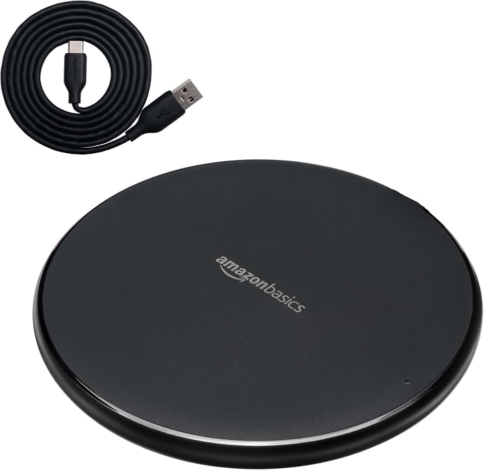 Amazon Basics 15W Qi-zertifiziertes kabelloses Ladepad (iPhone 16/15/14/13/12/11/X, Samsung) - mit USB-Kabel (Netzteil nicht im Lieferumfang enthalten) - Schwarz