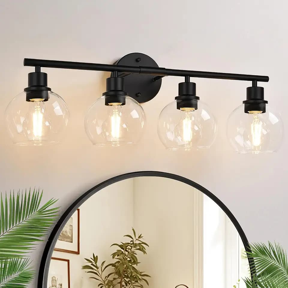 Indoi 4-Light Bathroom Light Fixtures, Black Bathroom Lights Over Mirror with Clear Glass Globe Shade, Vanity Lights for Bathroom Kitchen Living Room Hallway Cabinet Bedroom Porch