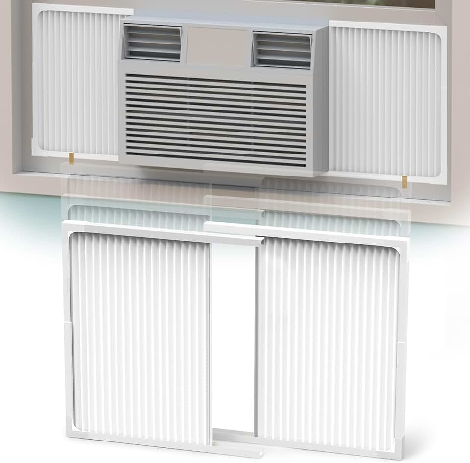 GCGOODS Window Air Conditioner Side Panels with Frame, Adjustable Air Conditioner Side Panels for Most 5,000-14,000 Btu Window AC Units, Extra Wide Window AC Side Panel Curtain Kit, 2 Pack