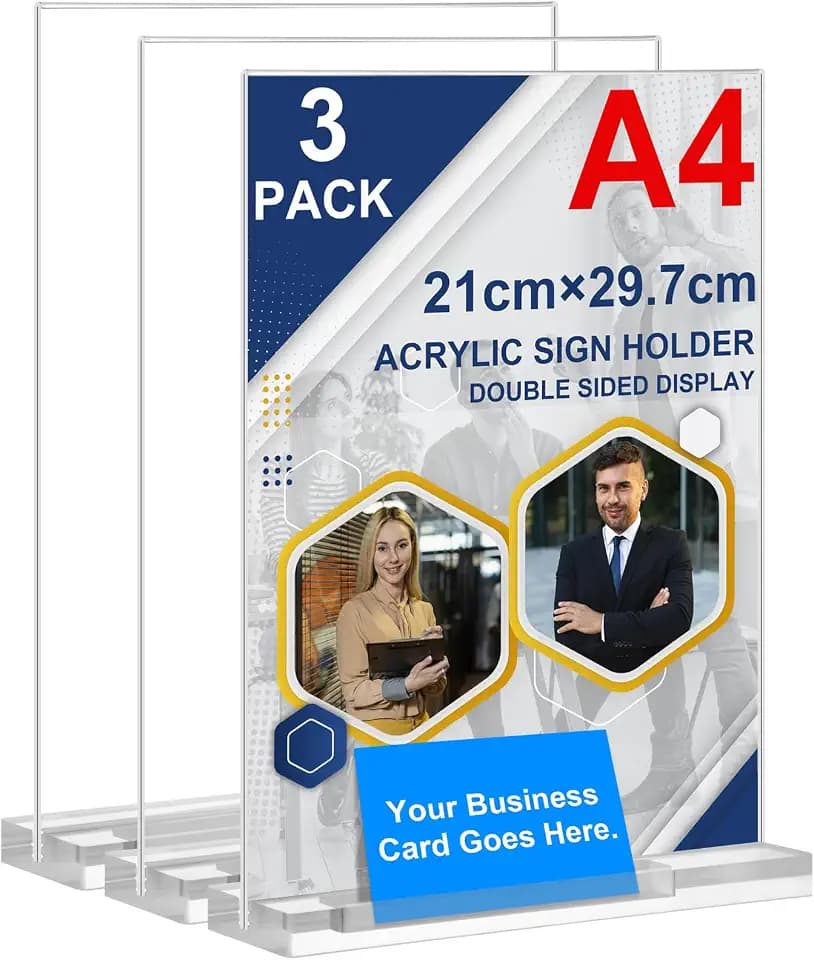 Arrobust Tischaufsteller A4 mit Visitenkartenhalter, 3 Stück Preisschilder Aufsteller Tischständer Doppelseitiger Vertikaler Acryl T-Ständer für Fotorahmen, Heim, Büro, Speisekarte, Messe (A4-3pack)