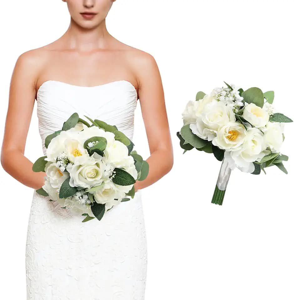 Wedding Bouquets for Bride, 11 Inch Bridesmaids Bouquets Artificial Flower Bouquets for Wedding Ceremony Bridal Shower Decorations - White