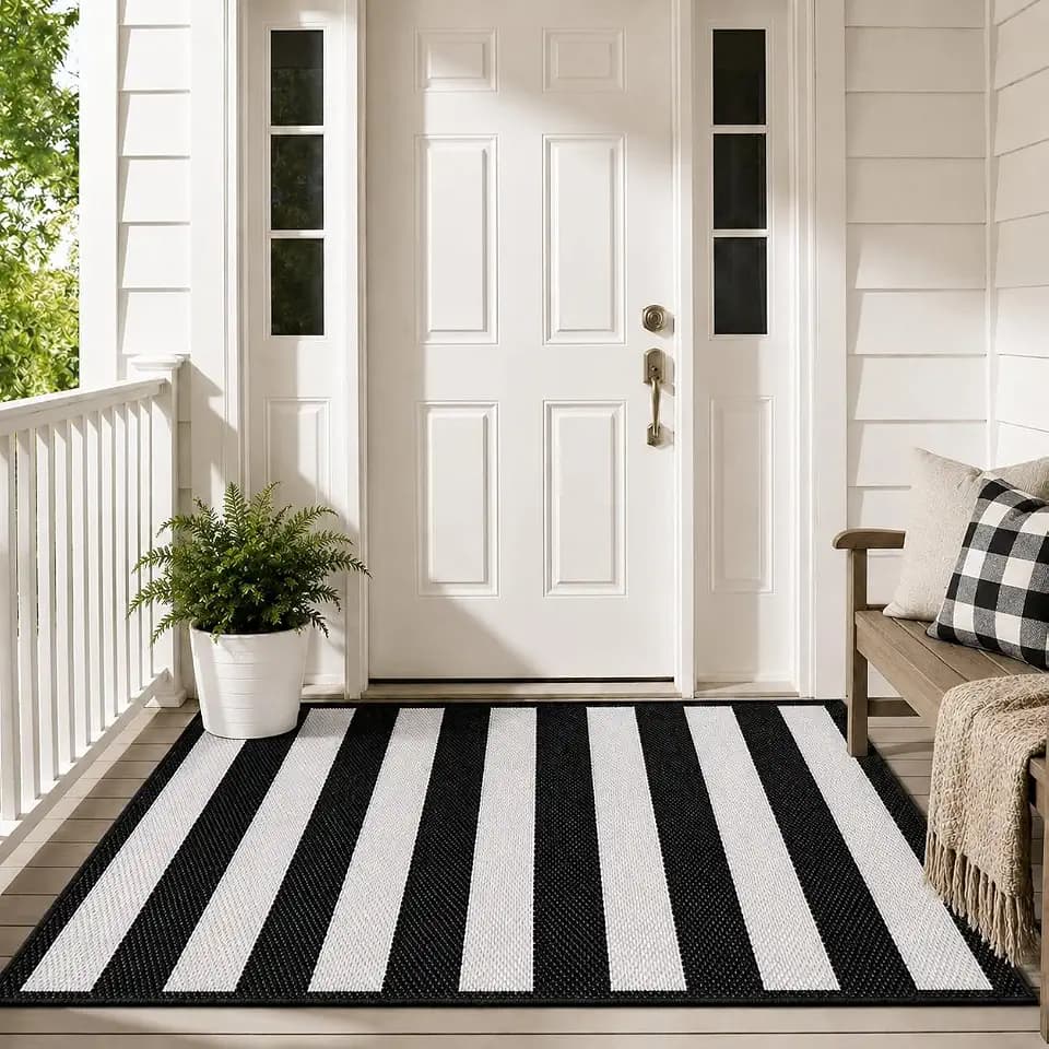 3x5 Ft Black and White Striped Reversible Plastic Straw Outdoor Rug