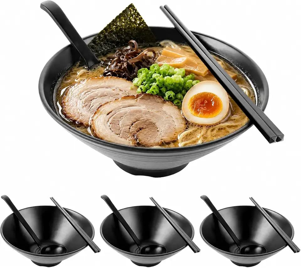 4er Set Japanische Ramen Schüssel Set, 1000ml Ramen Schüssel aus Melamin, Ramen Bowl mit Löffel und Essstäbchen Spülmaschinenfest, Langlebiges, für Ramen, Nudel, Buldak Ramen, Salat