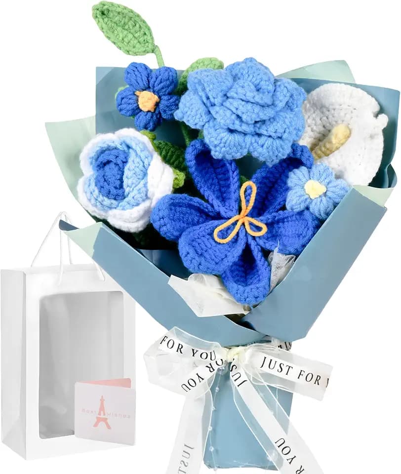 Crochet Flower Bouquet Blue, Handmade Knitted Floral Gift for Her