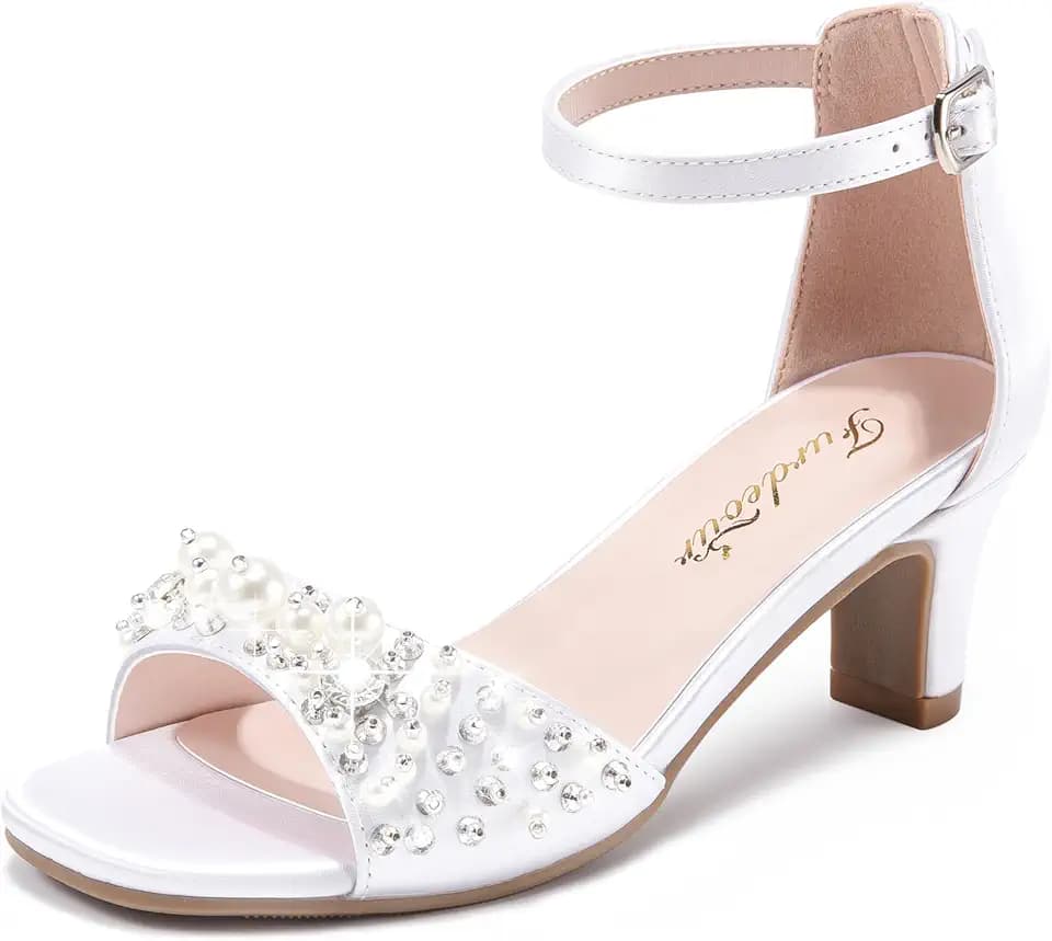 Furdeour Heels for Girls Dress Shoes Pearl Sandals Flower Girl Shoes Teen