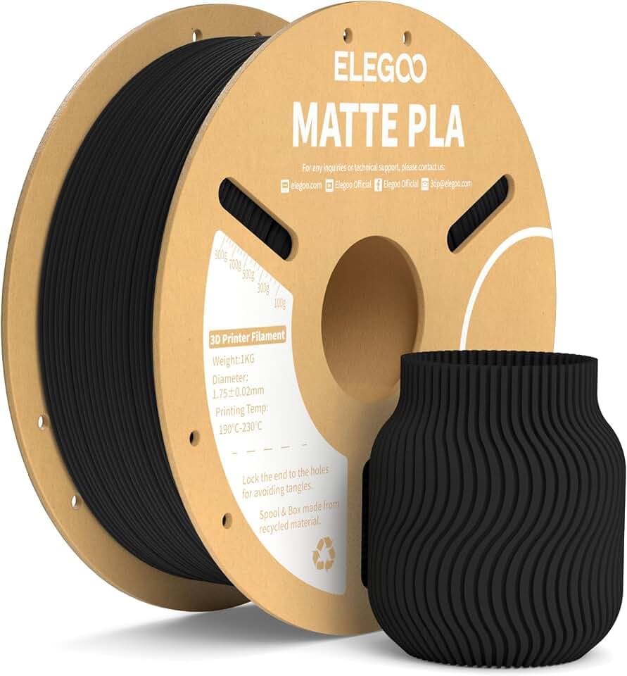 ELEGOO Matte PLA Filament Matte Schwarz 1KG, 1.75mm 3D Drucker Filament Maßgenauigkeit +/- 0.02mm, 1kg Kartonspule (2.2lbs) für die Meisten 3D Printer