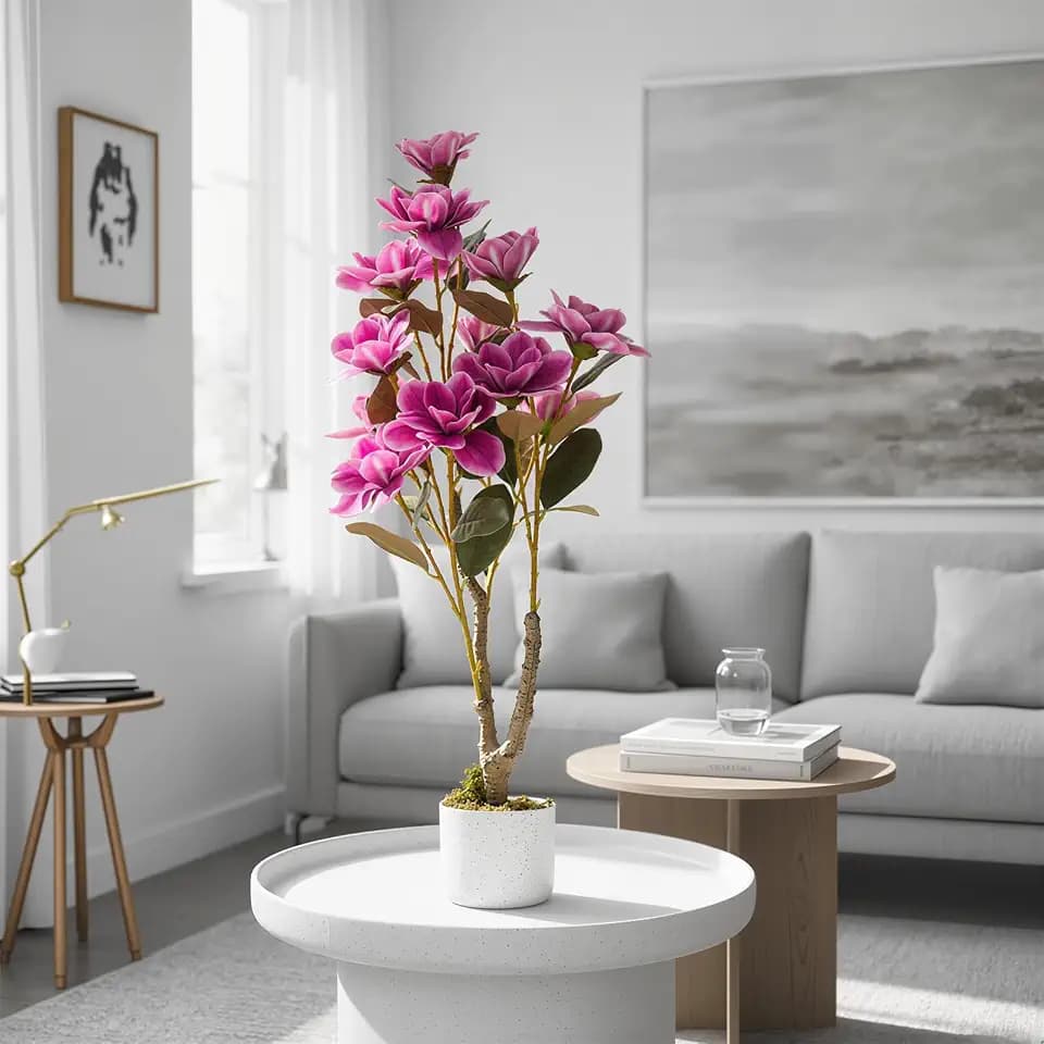 Artificial Yulan Tree Orchid Flowers Plant, 37.4inch/3Ft Faux Magnolia Tree with Lifelike Floral, Leaves and Dried Moss, Fake Potted Flowers Trees for Indoor Home Wedding Table Decor, Pink (1 Pack)