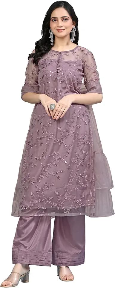 TRENDMALLS Damen Netz Stickerei Pailletten Arbeit Kurta Palazzo Set mit Dupatta Kurta Set für Frauen
