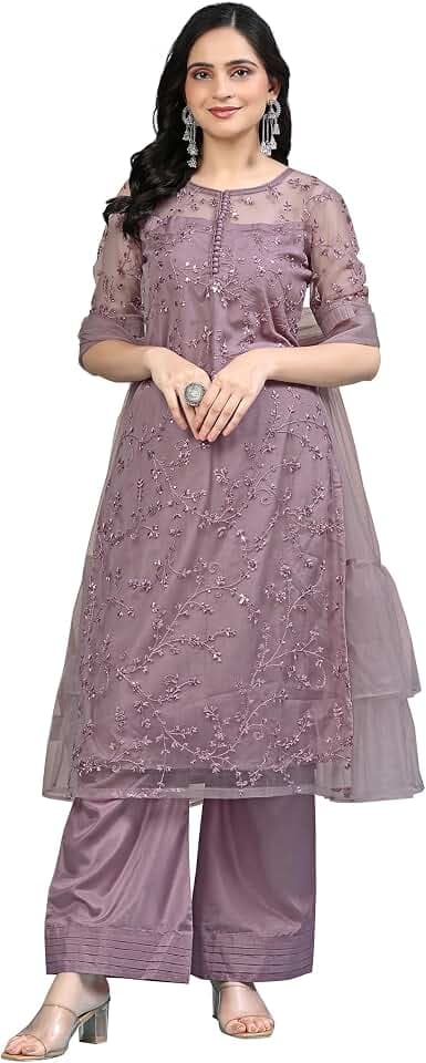 TRENDMALLS Damen Netz Stickerei Pailletten Arbeit Kurta Palazzo Set mit Dupatta Kurta Set für Frauen