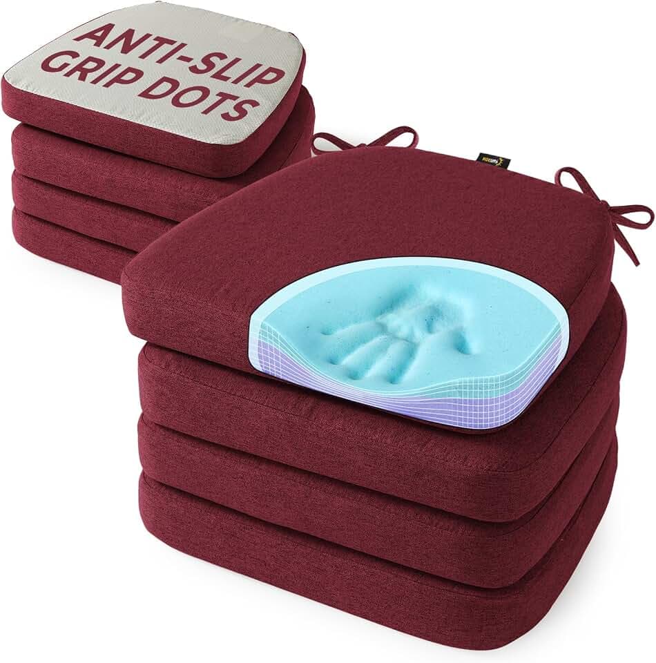 SUNROX Cooling Gel Memory Foam Chair Cushions, 2.6" Thick U-Shaped Dual-Layer Comfort Dining Chair Pads, Non Slip Seat Cushion with Ties for Indoor Kitchen Office 17"x16" Set of 8, Burgundy