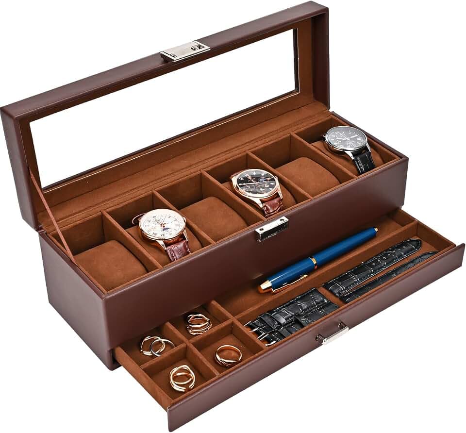 ProCase 2 Ebenen 6 Fächern Uhrenbox Uhrenkasten Watch Box mit Glasdeckel