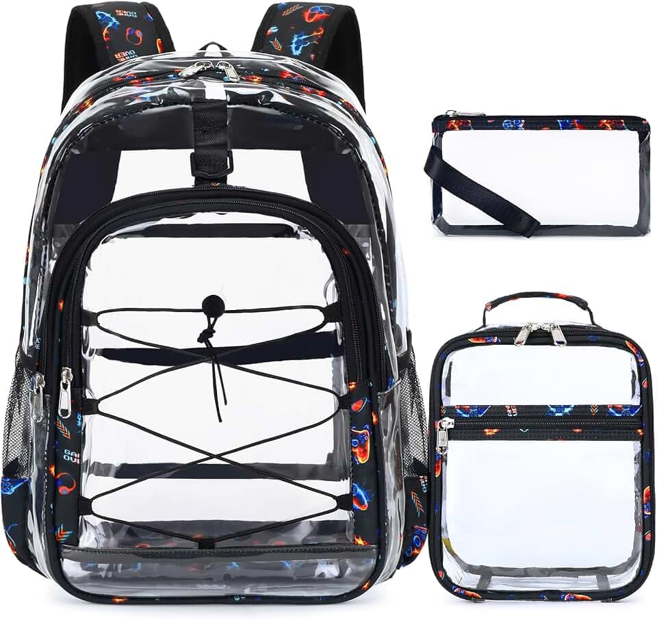 DIGOBAY Clear Backpack for Boys, 3PCS Cool Clear Backpack with Lunch Bag Pencil Case, Heavy Duty Transparent Backpacks for Kids, Kids Backpacks for Kindergarten Elementary Middle School