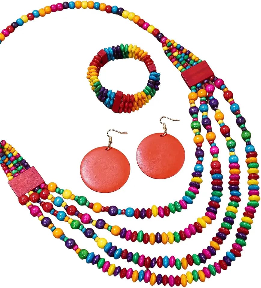 Colorful Ethnic Wooden Earrings Round Statement Dangle Earrings Multilayered Geometric Beaded Bracelet Necklace Set for Women Exaggerated Tribal Jewelry