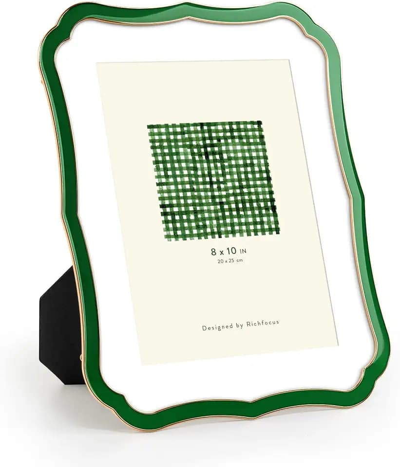 8x10 Enamel Picture Frame with HD-Tempered Glass, Display 5x7 Photo with Mat, Ornate Photo Frame with Metal Edge & Velvet Back for Tabletop & Wall Mount Vertically or Horizontally Display, Green