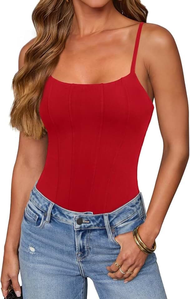 REORIA Women's Sexy Square Neck Adjustable Strap Bodysuit Sleeveless Backless Corset Tops Going Out Outfits